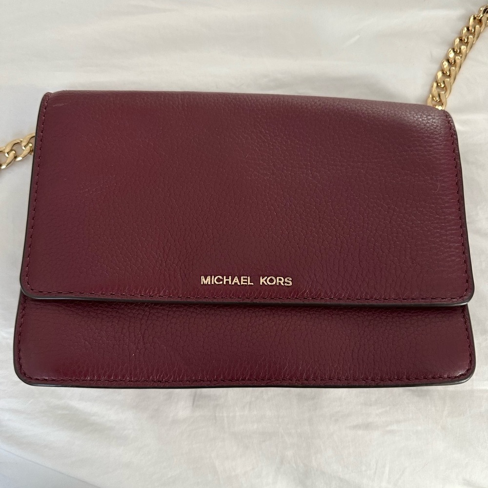 Michael Kors Merlot Leather Crossbody with Gold Chain Detail